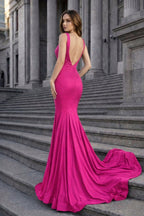 Mermaid Deep V-Neck Beaded Satin Long Evening Dress - Curvevia