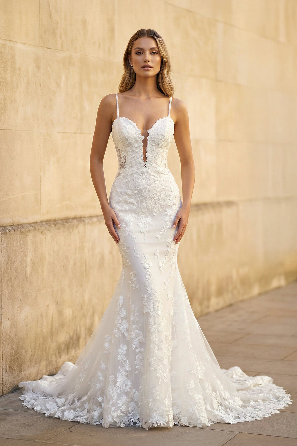 Mermaid Lace White Wedding Dresses Spaghetti Straps - Curvevia