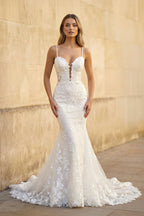 Mermaid Lace White Wedding Dresses Spaghetti Straps - Curvevia