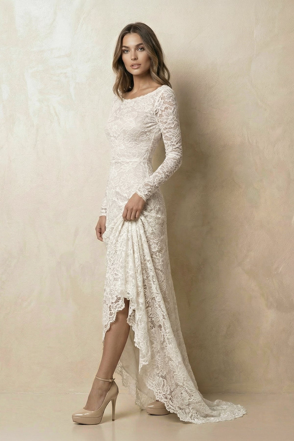 Vintage Floral Boho Lace Wedding Dress with Sleeves Modest Boat Neck Low-V Back Princess Bridal Gown - Curvevia
