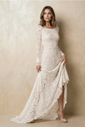 Vintage Floral Boho Lace Wedding Dress with Sleeves Modest Boat Neck Low-V Back Princess Bridal Gown - Curvevia