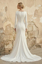Modest Long Sleeve Satin Mermaid Wedding Dress With Sweep Train - Curvevia