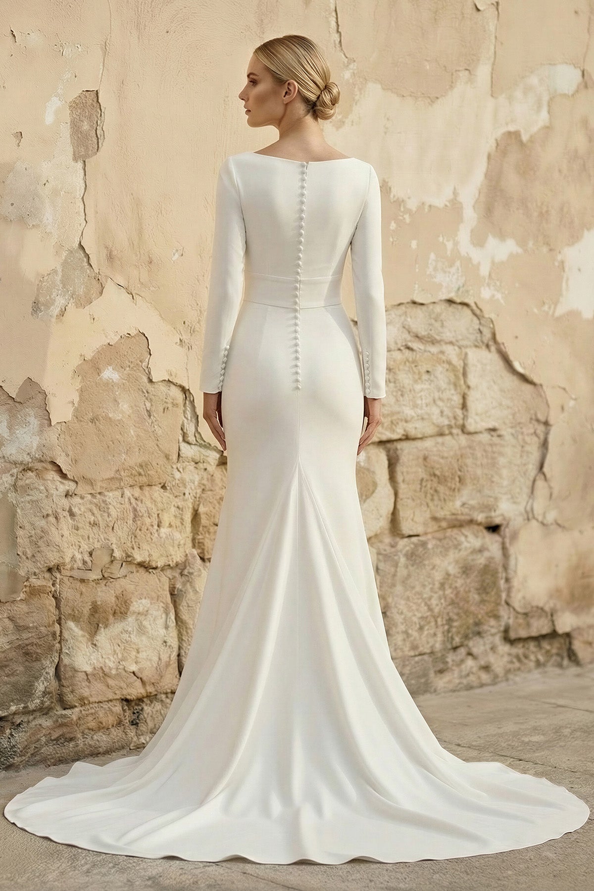 Modest Long Sleeve Satin Mermaid Wedding Dress With Sweep Train - Curvevia
