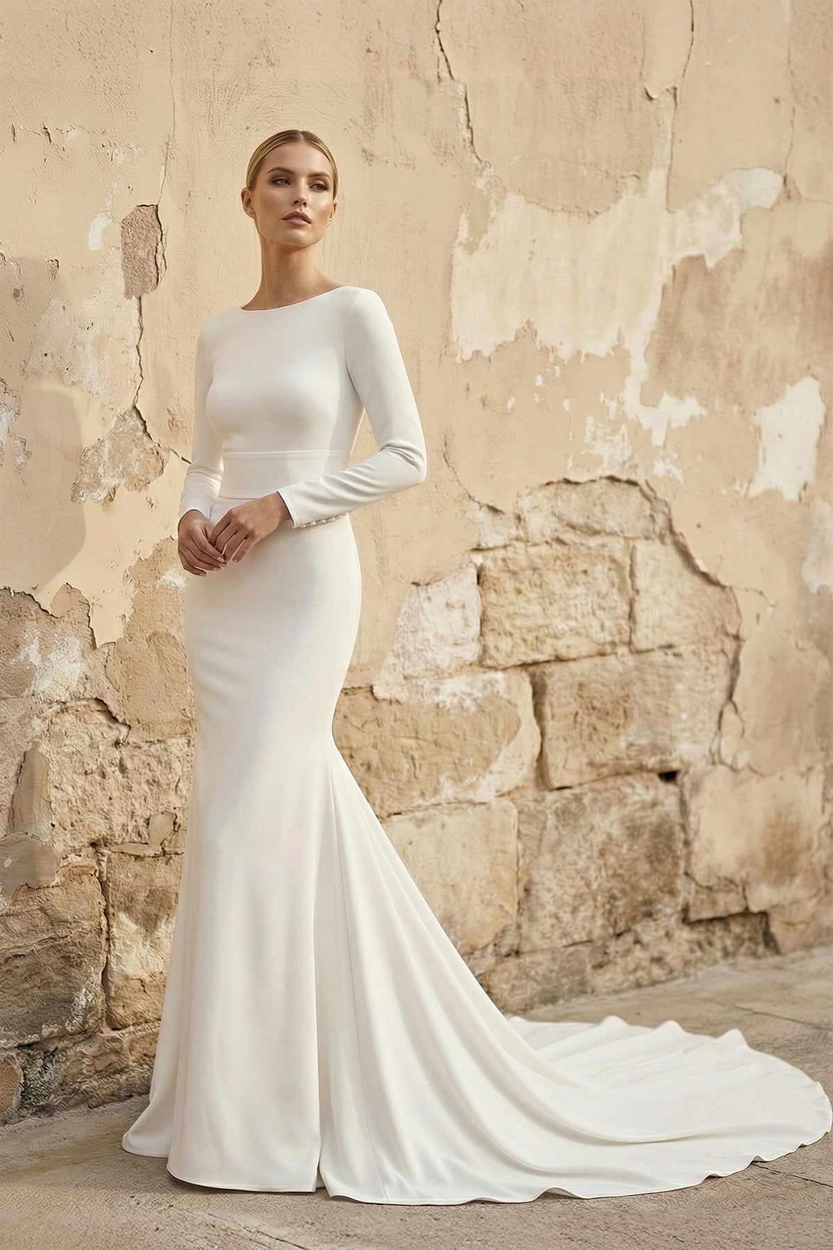 Modest Long Sleeve Satin Mermaid Wedding Dress With Sweep Train - Curvevia
