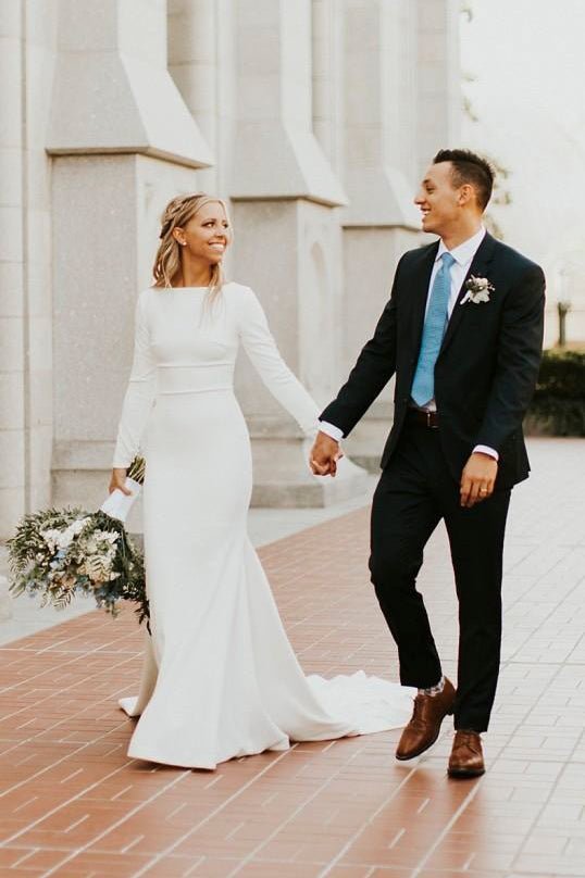 Modest Long Sleeve Satin Mermaid Wedding Dress With Sweep Train - Curvevia