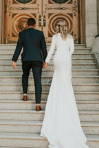 Modest Long Sleeve Satin Mermaid Wedding Dress With Sweep Train - Curvevia