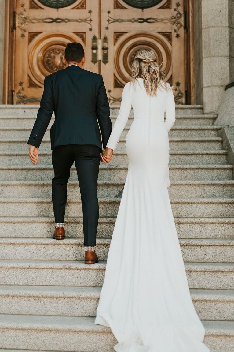 Modest Long Sleeve Satin Mermaid Wedding Dress With Sweep Train - Curvevia