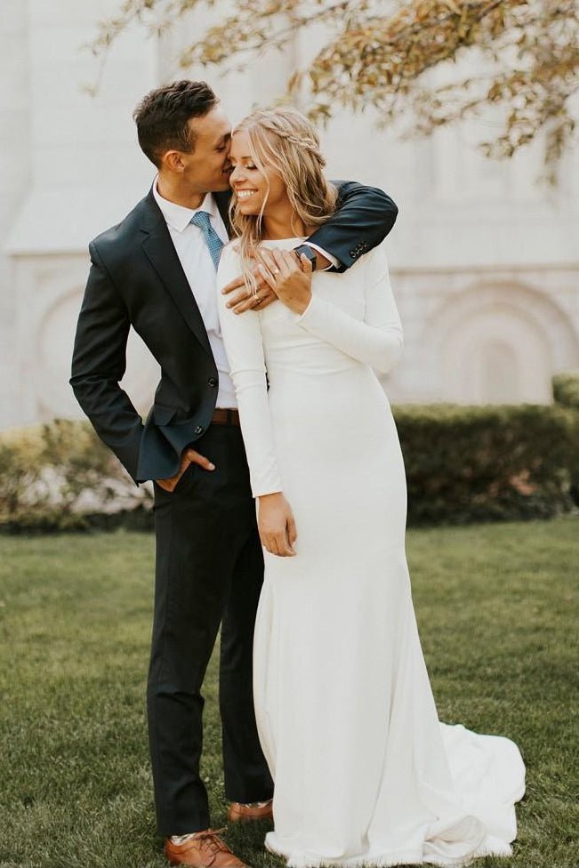 Modest Long Sleeve Satin Mermaid Wedding Dress With Sweep Train - Curvevia
