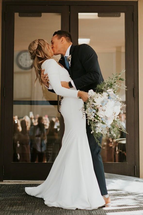 Modest Long Sleeve Satin Mermaid Wedding Dress With Sweep Train - Curvevia