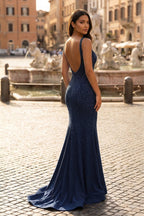 Mermaid V-neck Beaded Mermaid Evening Dress - Curvevia