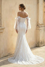 Lace Mermaid Covered-Button Long Sleeve Train Wedding Dress - Curvevia