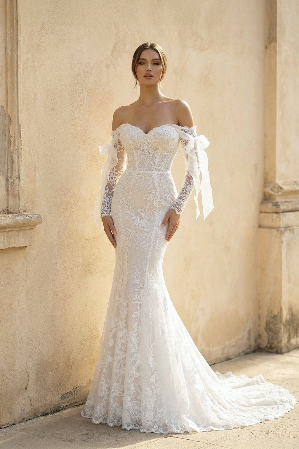 Lace Mermaid Covered-Button Long Sleeve Train Wedding Dress - Curvevia