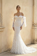 Lace Mermaid Covered-Button Long Sleeve Train Wedding Dress - Curvevia