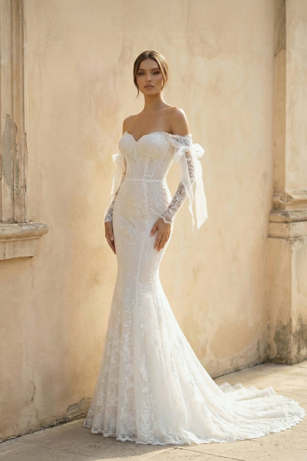 Lace Mermaid Covered-Button Long Sleeve Train Wedding Dress - Curvevia