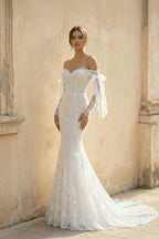 Lace Mermaid Covered-Button Long Sleeve Train Wedding Dress - Curvevia