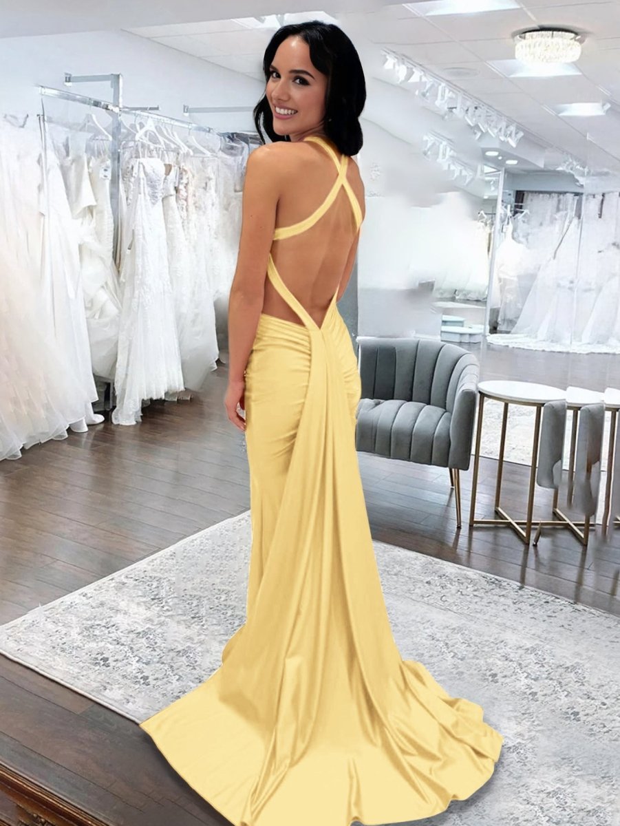 Angela |Mermaid Pink V Neck Backless Satin Long Evening Dress - Curvevia