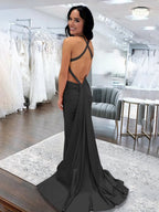 Angela |Mermaid Pink V Neck Backless Satin Long Evening Dress - Curvevia