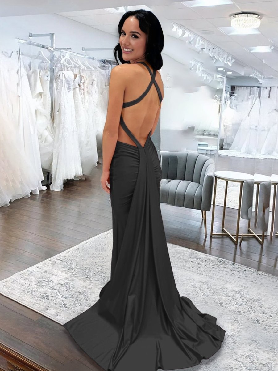 Angela |Mermaid Pink V Neck Backless Satin Long Evening Dress - Curvevia