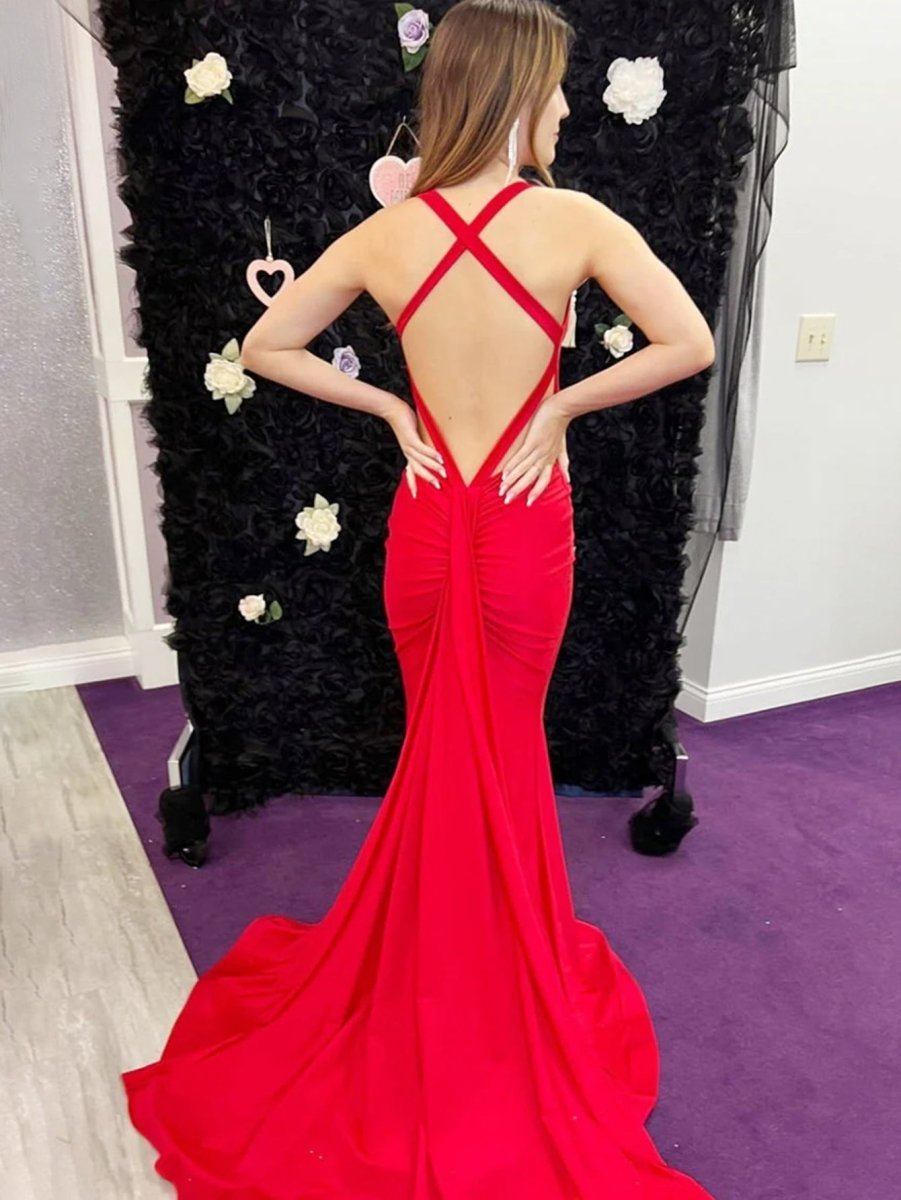Angela |Mermaid Pink V Neck Backless Satin Long Evening Dress - Curvevia