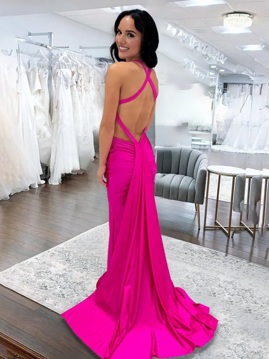 Angela |Mermaid Pink V Neck Backless Satin Long Evening Dress - Curvevia