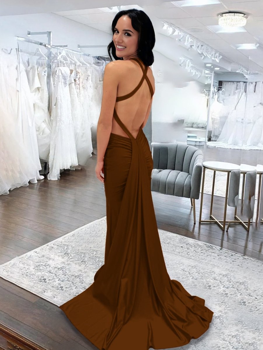 Angela |Mermaid Pink V Neck Backless Satin Long Evening Dress - Curvevia