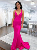 Angela |Mermaid Pink V Neck Backless Satin Long Evening Dress - Curvevia