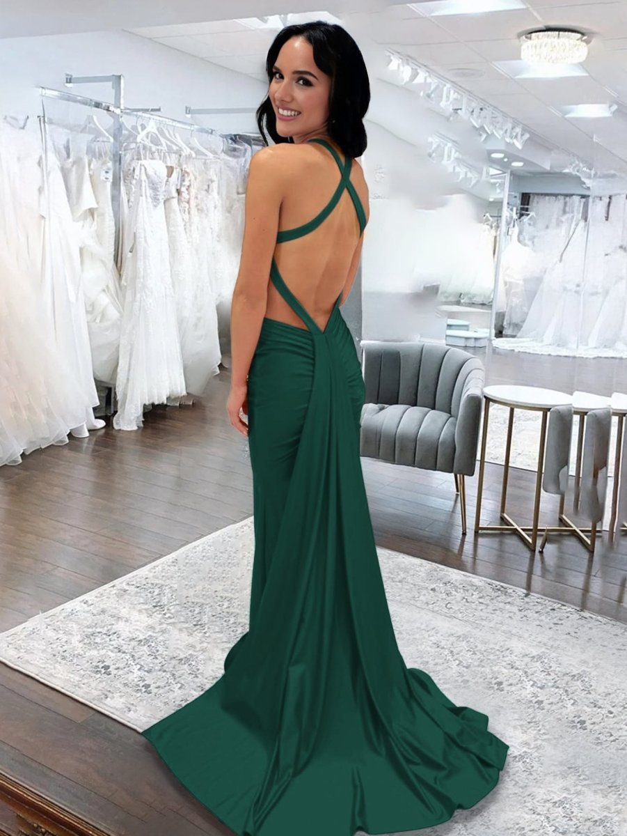 Angela |Mermaid Pink V Neck Backless Satin Long Evening Dress - Curvevia