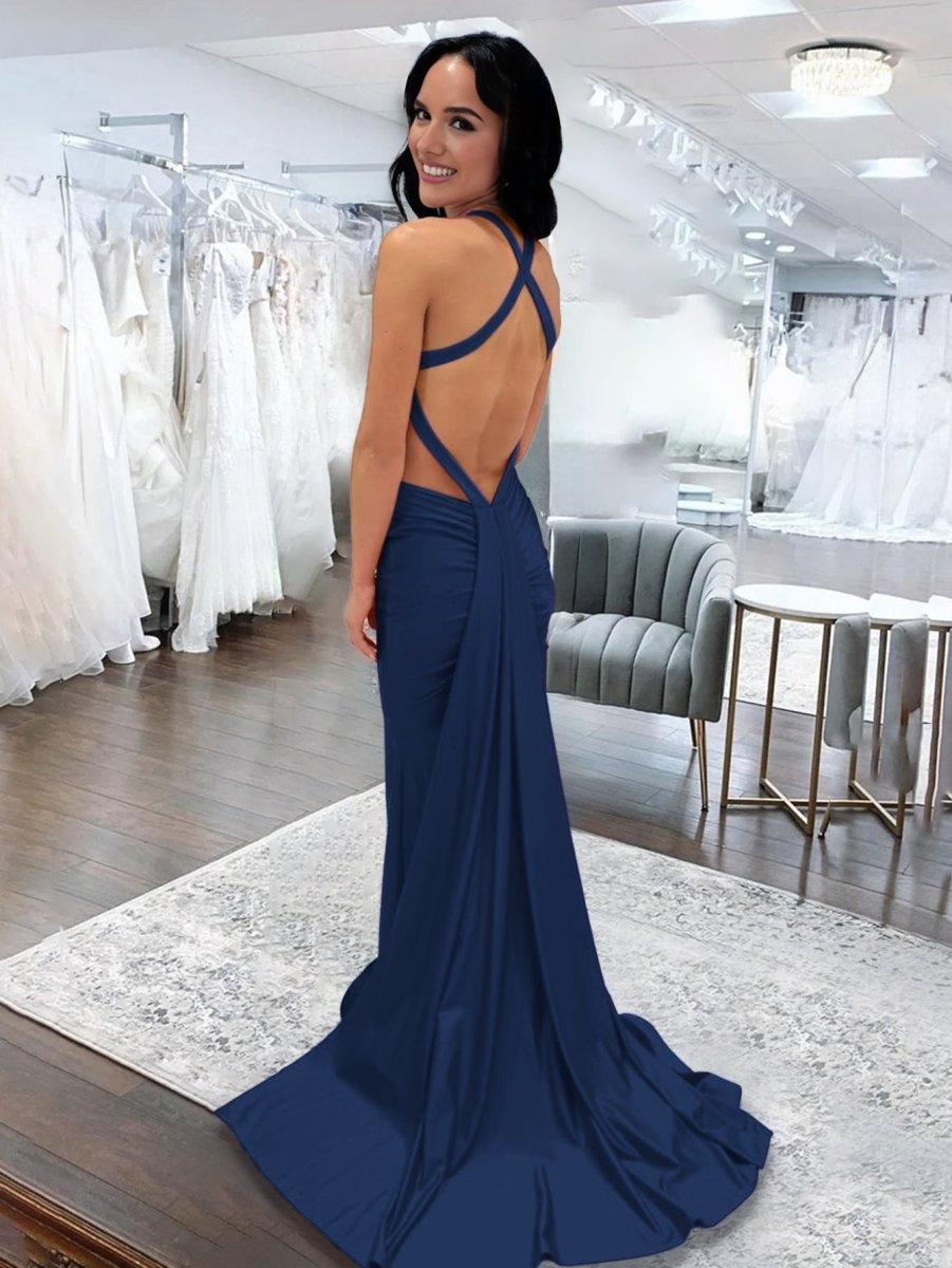 Angela |Mermaid Pink V Neck Backless Satin Long Evening Dress - Curvevia