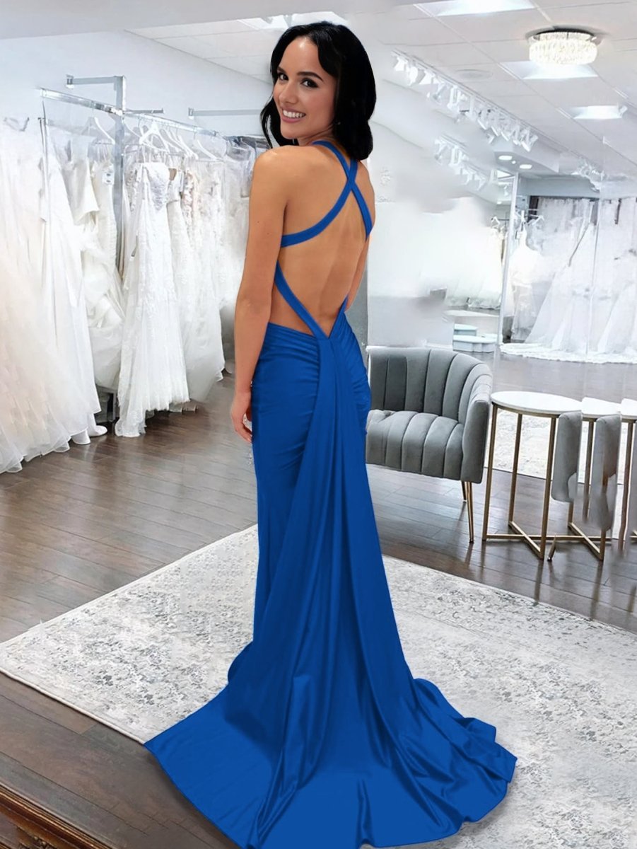 Angela |Mermaid Pink V Neck Backless Satin Long Evening Dress - Curvevia