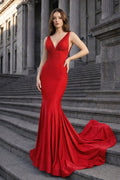 Mermaid Deep V-Neck Beaded Satin Long Evening Dress - Curvevia