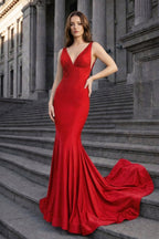 Mermaid Deep V-Neck Beaded Satin Long Evening Dress - Curvevia