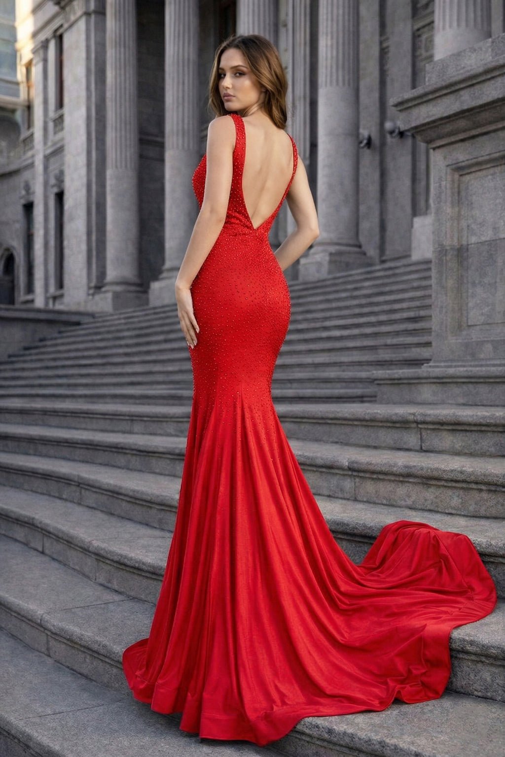 Mermaid Deep V-Neck Beaded Satin Long Evening Dress - Curvevia