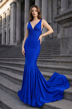 Mermaid Deep V-Neck Beaded Satin Long Evening Dress - Curvevia