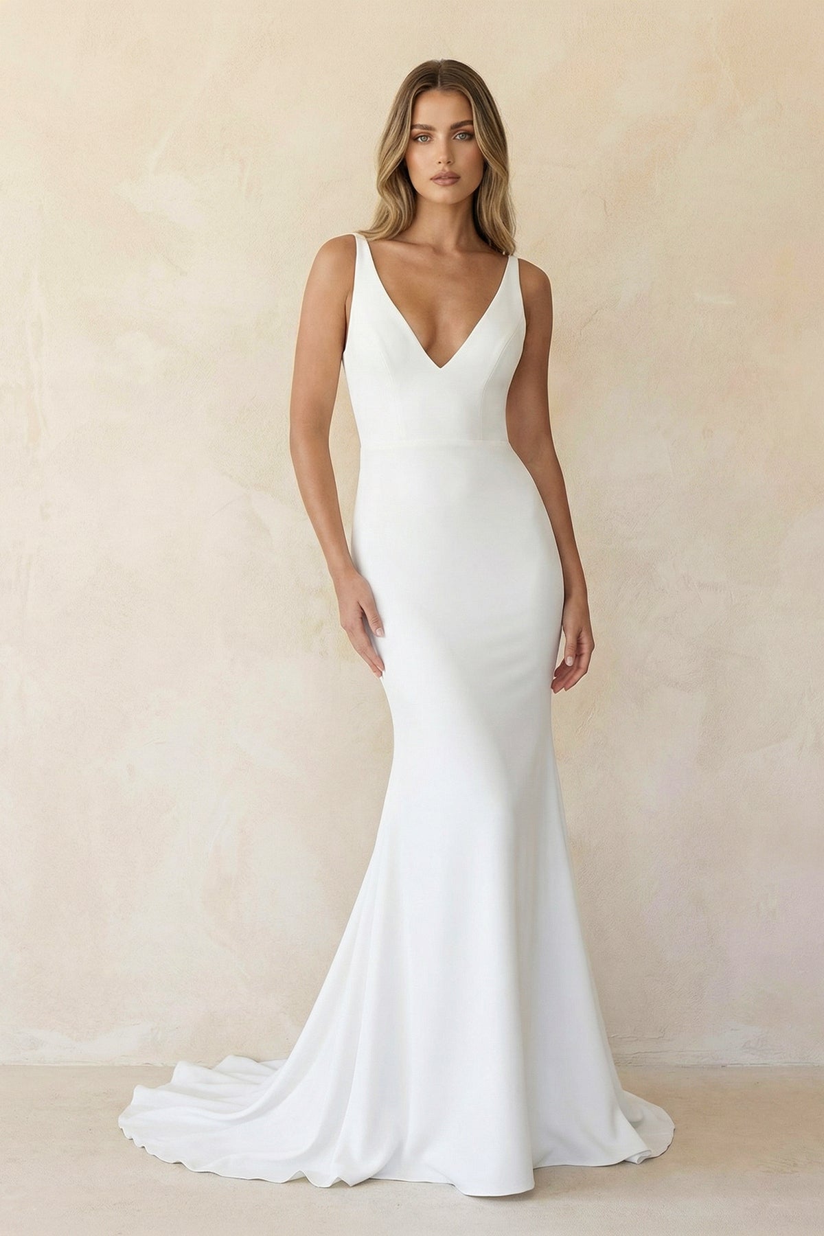 Elegant Mermaid V-Neck Elastic Satin Long Wedding Dresses - Curvevia