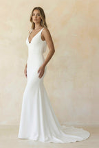 Elegant Mermaid V-Neck Elastic Satin Long Wedding Dresses - Curvevia