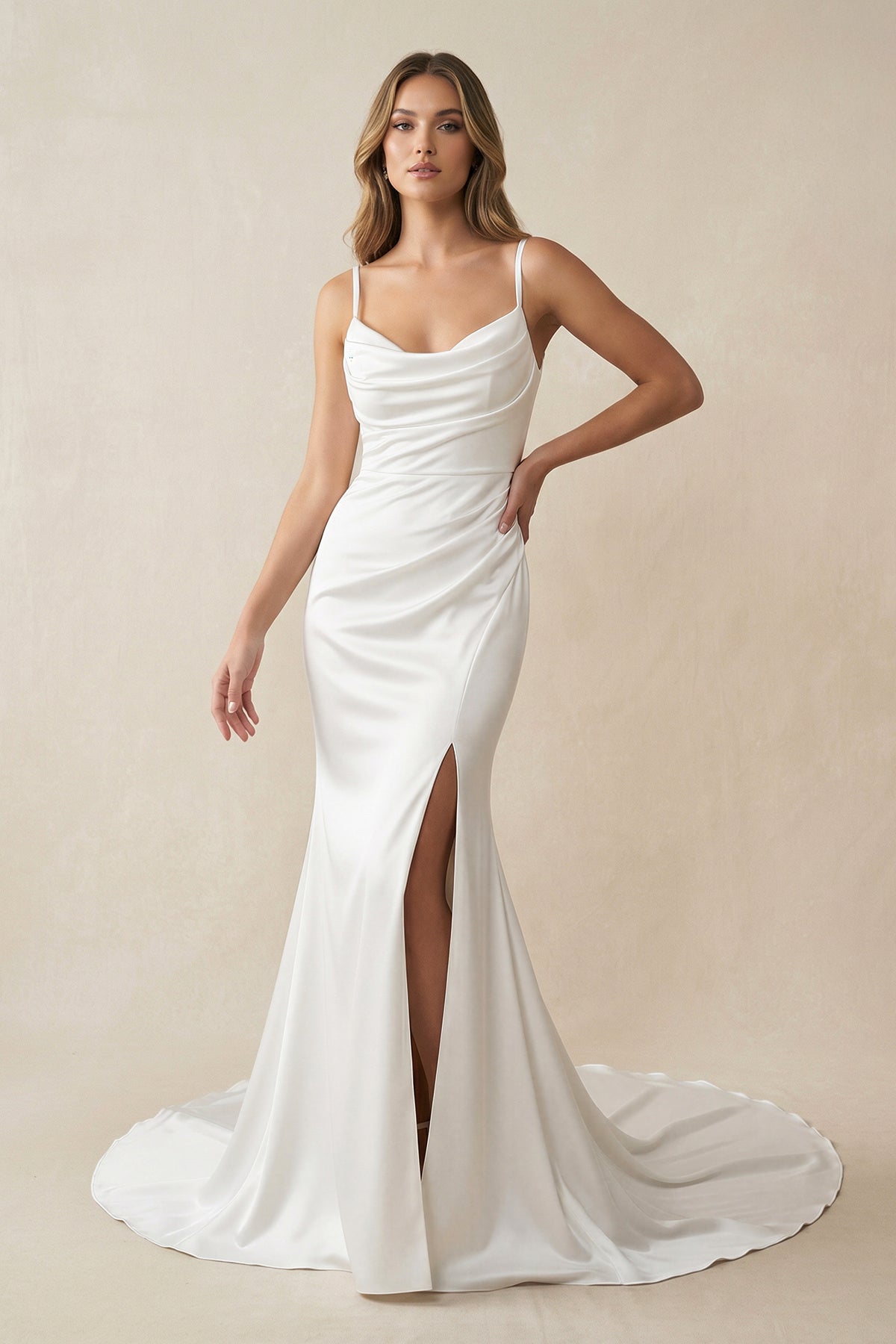 Charming Mermaid Cowl Neck Satin Wedding Dress with Slit - Curvevia