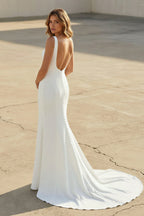 Simple Mermaid V Neck Satin White Wedding Dresses - Curvevia