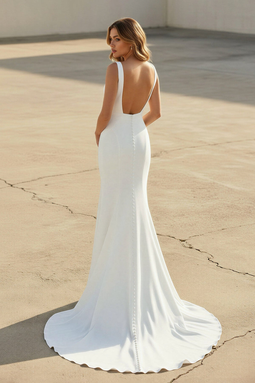 Simple Mermaid V Neck Satin White Wedding Dresses - Curvevia