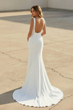 Simple Mermaid V Neck Satin White Wedding Dresses - Curvevia