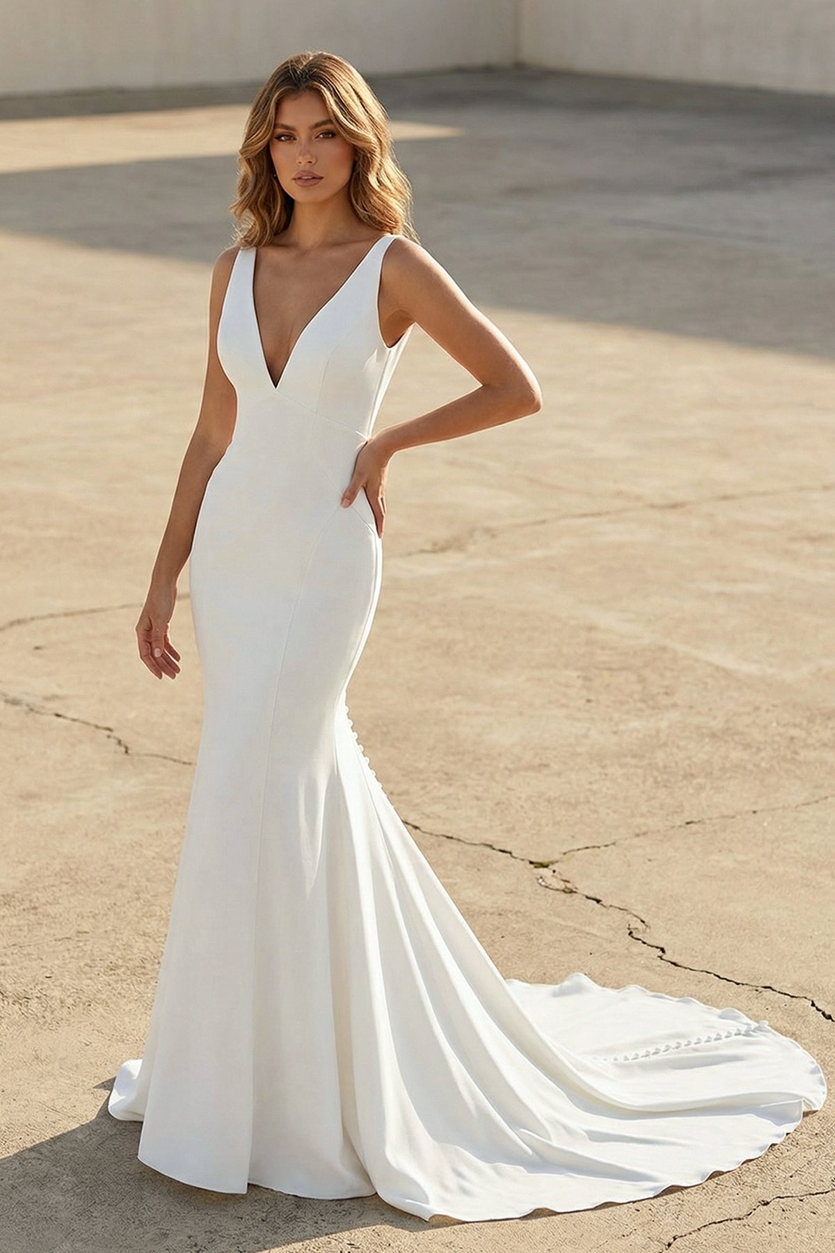 Simple Mermaid V Neck Satin White Wedding Dresses - Curvevia