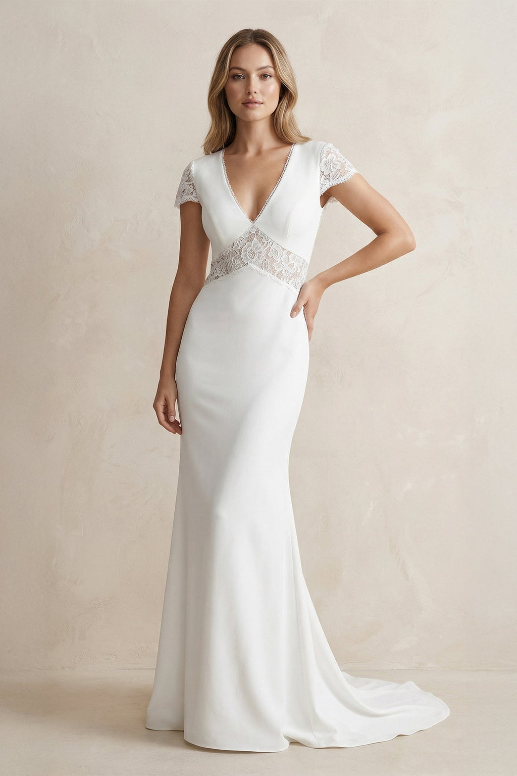 Modest Simple Mermaid Short Sleeve Empire Floor-Length Sweep Train Chiffon V-neck Wedding Dress - Curvevia