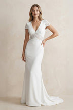 Modest Simple Mermaid Short Sleeve Empire Floor-Length Sweep Train Chiffon V-neck Wedding Dress - Curvevia