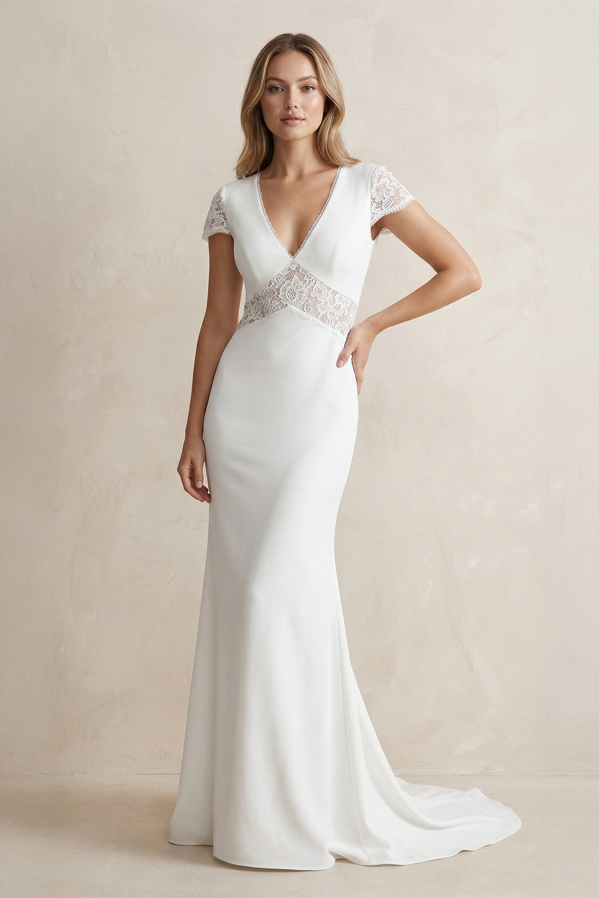 Modest Simple Mermaid Short Sleeve Empire Floor-Length Sweep Train Chiffon V-neck Wedding Dress - Curvevia