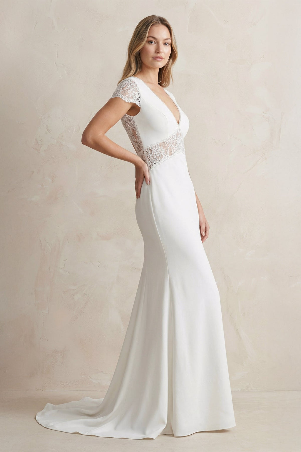 Modest Simple Mermaid Short Sleeve Empire Floor-Length Sweep Train Chiffon V-neck Wedding Dress - Curvevia