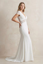 Modest Simple Mermaid Short Sleeve Empire Floor-Length Sweep Train Chiffon V-neck Wedding Dress - Curvevia