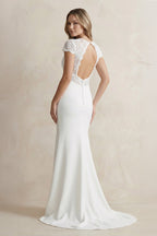 Modest Simple Mermaid Short Sleeve Empire Floor-Length Sweep Train Chiffon V-neck Wedding Dress - Curvevia