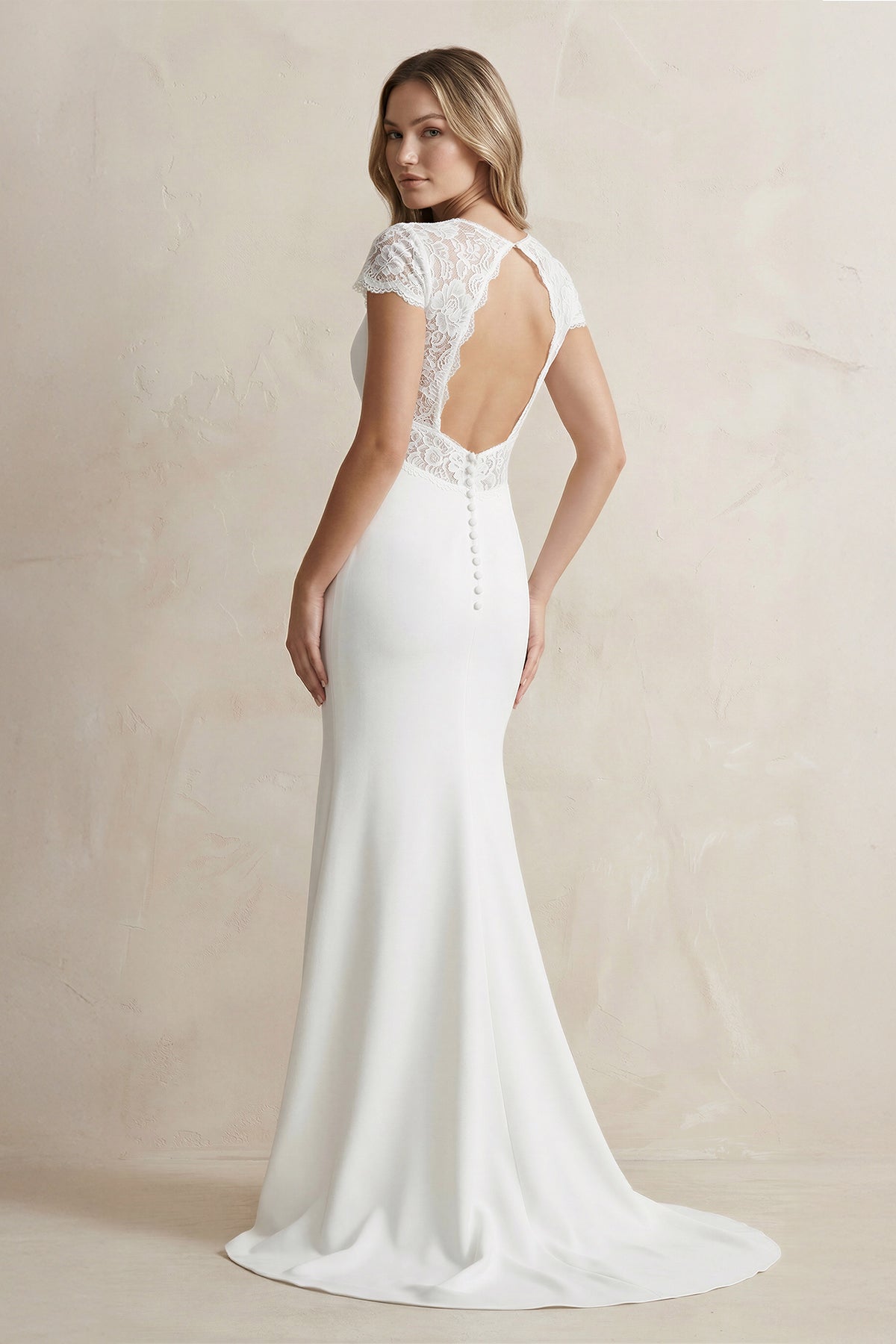 Modest Simple Mermaid Short Sleeve Empire Floor-Length Sweep Train Chiffon V-neck Wedding Dress - Curvevia
