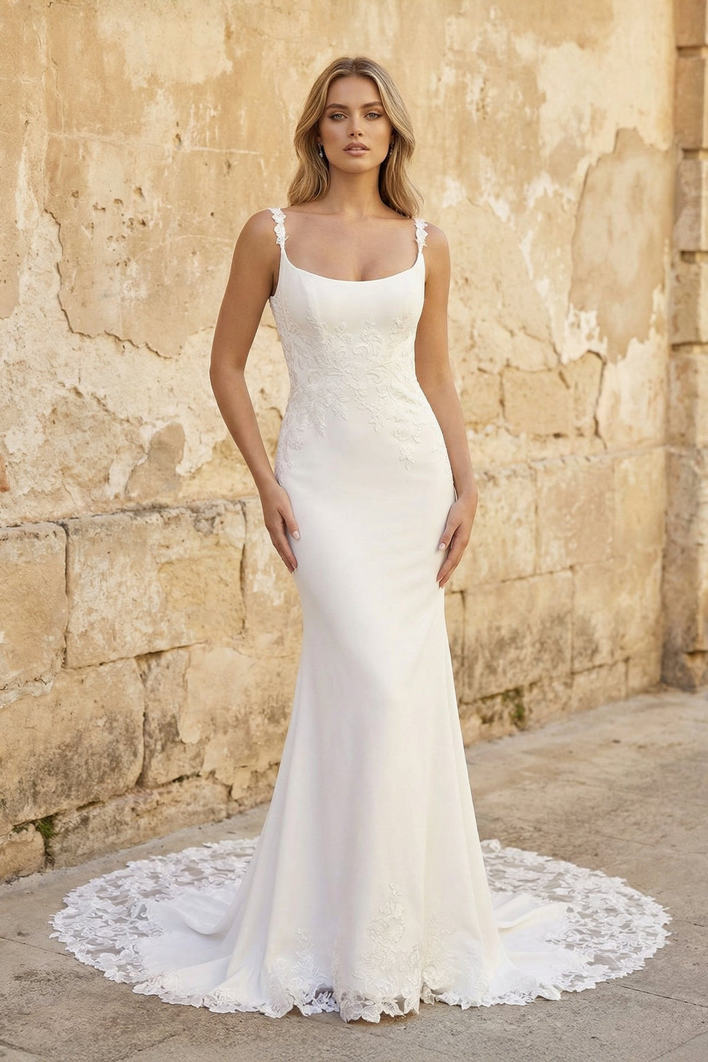 Trumpet Mermaid Square Neckline Lace Elastic Satin Wedding Dresses - Curvevia