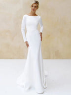 Mermaid Scoop Neck V Back Satin Wedding Dress - Curvevia