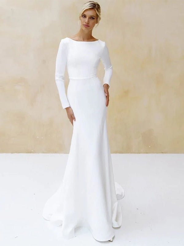 Mermaid Scoop Neck V Back Satin Wedding Dress - Curvevia
